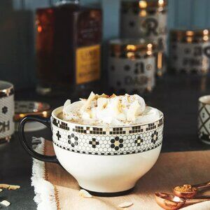 2 ANTHROPOLOGIE Bistro Tile Mugs Teacups 24K Gold Decaled Glazed Stoneware 17 oz